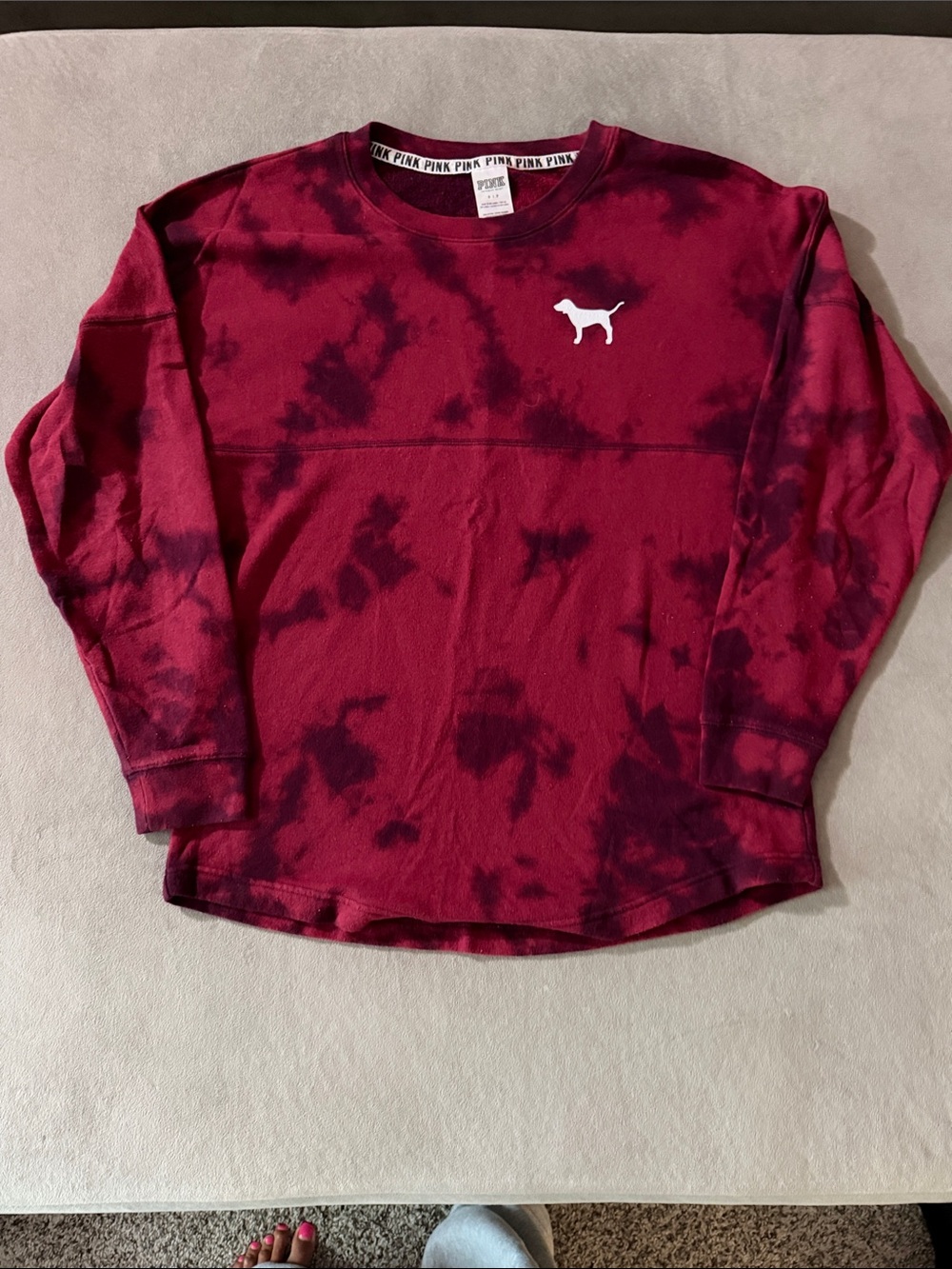 PINK Victoria's Secret Burgundy Tie-Dye Crewneck Sweatshirt with Dog Logo